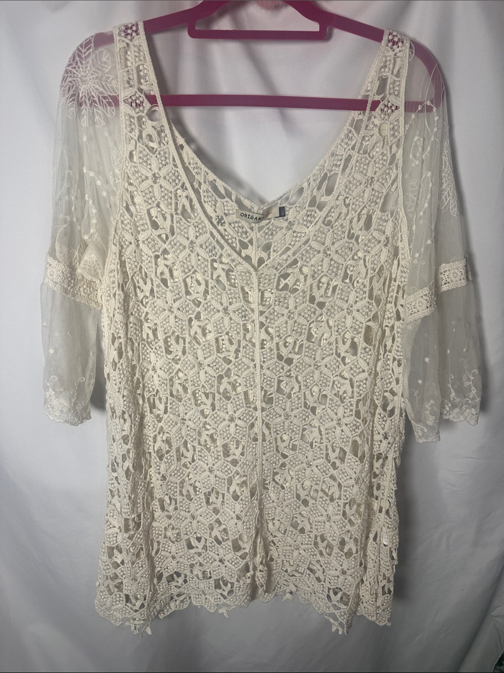 Origami Crochet Lace Tunic Top - Cream